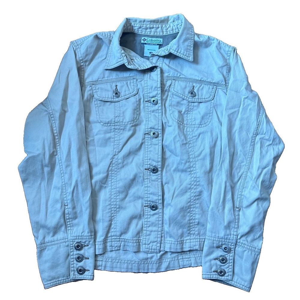Columbia Womens Button Down Canvas Chore Shirt Tan Metal Buttons Size Medium